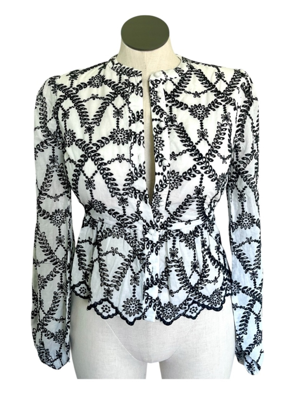 MINKPINK Embroidered Eyelet Cotton Peplum Harvey Blouse w/ Bishop Sleeves - NWT